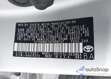 2019 Toyota Corolla Le z USA, uszkodzony, nr VIN 5YFBURHE1KP898747